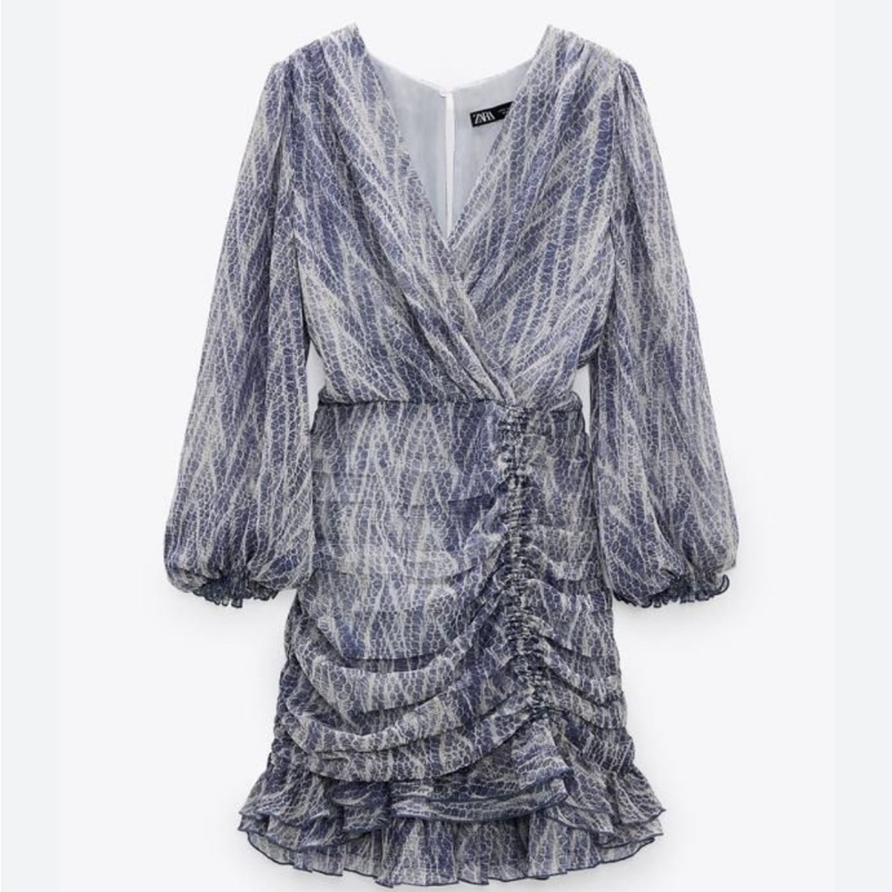 Zara Blue Snakeprint Ruched Mini Dress in size M